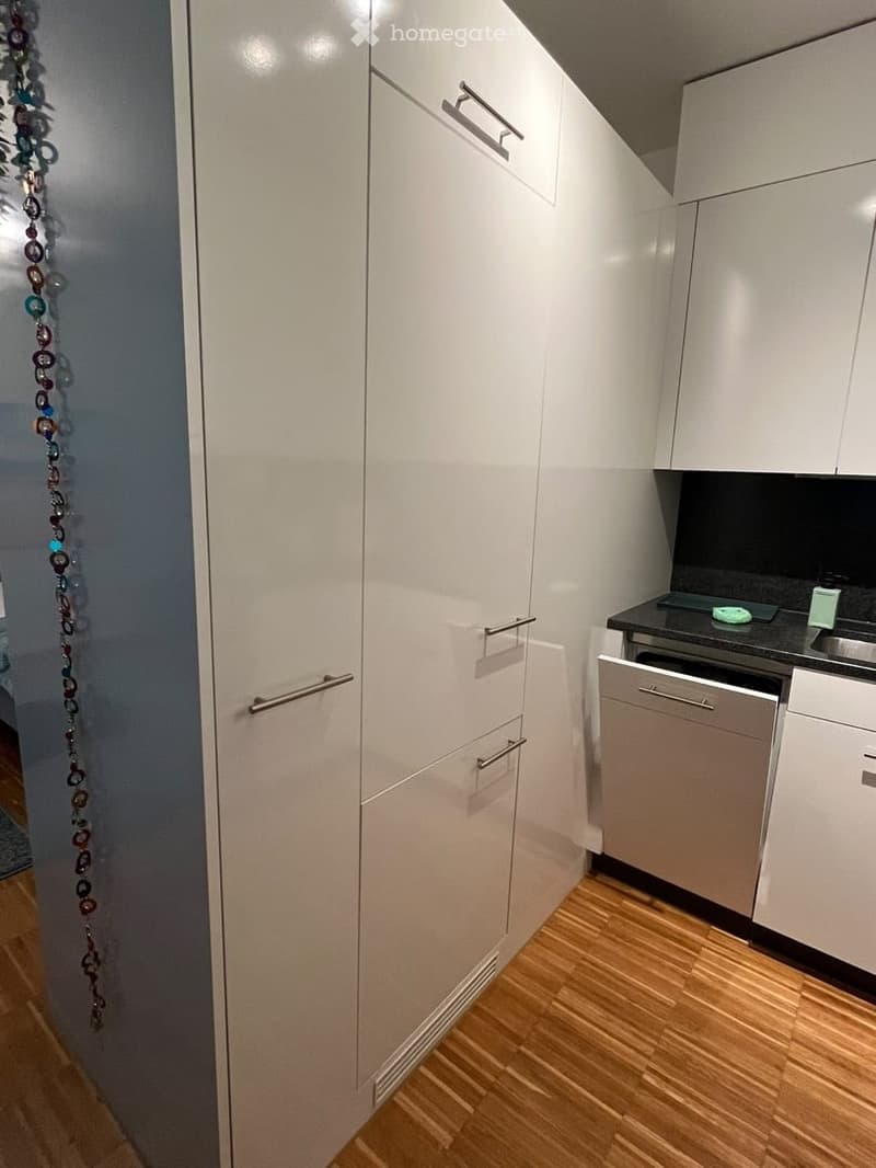 Modern kitchen with white cabinets, stainless steel dishwasher, and wooden flooring.