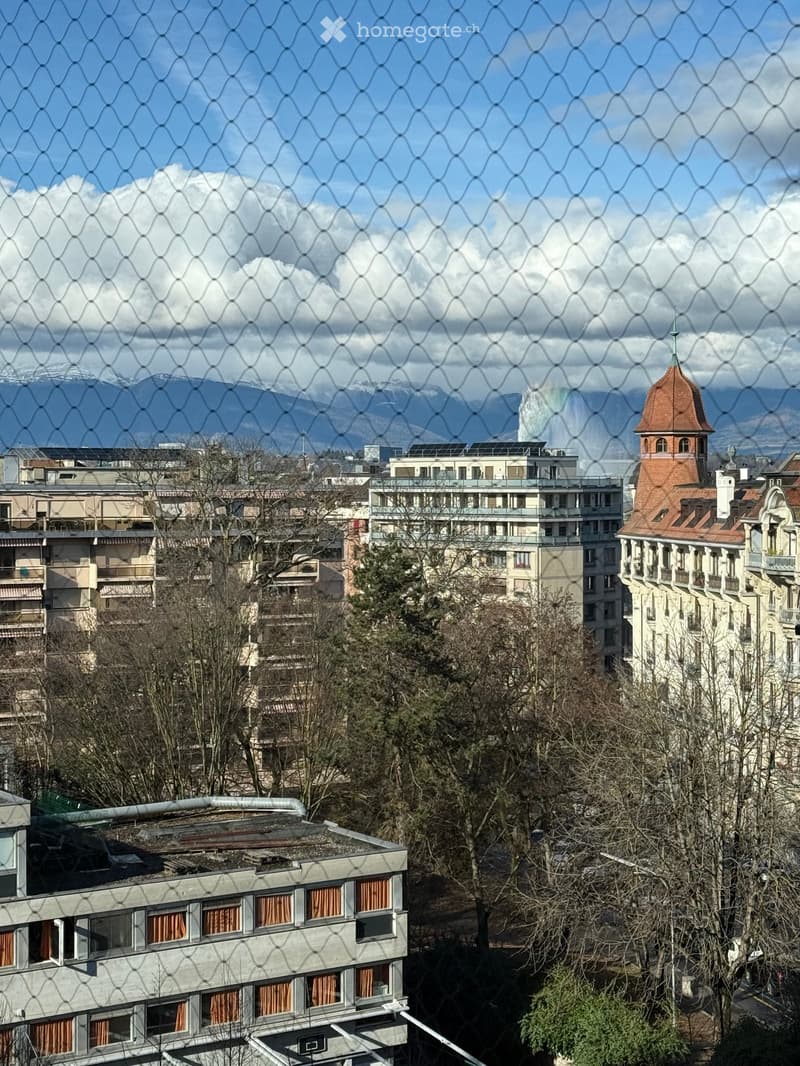 A cityscape view showing multiple residential buildings with balconies and windows, surrounded by trees and distant mountains under a partly cloudy sky.