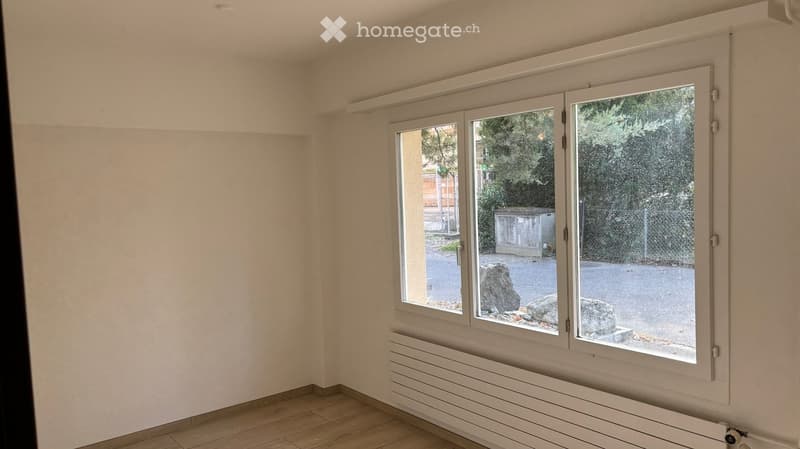 Empty room with light-colored walls, wooden flooring, and large white-framed windows showing an outdoor view.