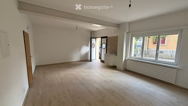Empty room with wooden flooring, white walls, large windows, and a small adjacent bathroom area with a sink.