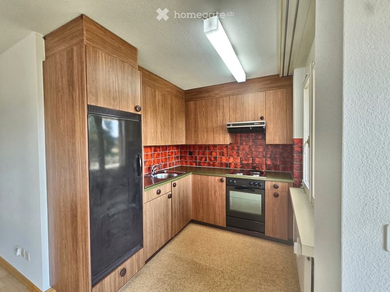 Modern kitchen with wooden cabinets, stainless steel appliances, and a red-tiled backsplash.
