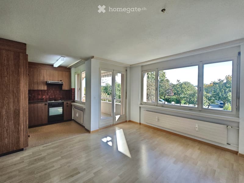 Bright, unfurnished room with wooden flooring, large windows, and a small kitchen area featuring cabinets and an oven. A radiator is visible under the windows.