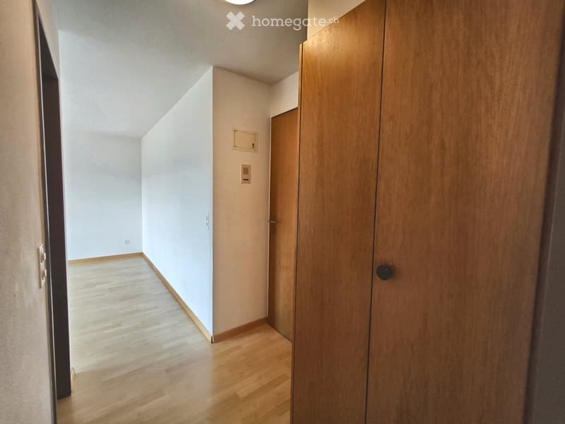 Empty hallway with wooden flooring, white walls, and a closed wooden door on the right side.