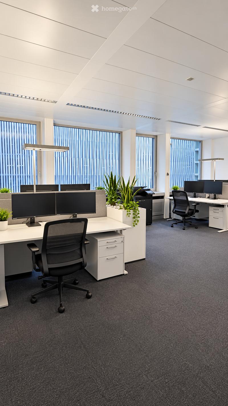 Modern office space with desks, chairs, computer monitors, printers, and plants. Large windows with blinds provide natural light.