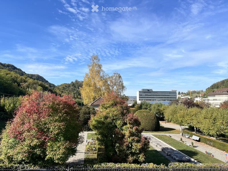 A well-maintained garden with neatly trimmed hedges, trees, a gravel pathway, and a bench, surrounded by a wooden fence and overlooking a cityscape with buildings and hills in the background.