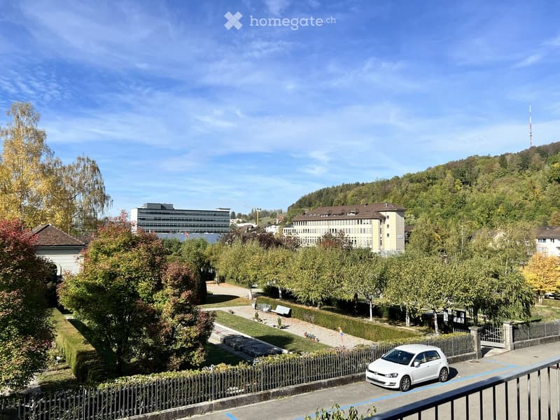 View from a balcony showing a landscaped garden area with trees, a white car parked on the road, and distant buildings and hills.