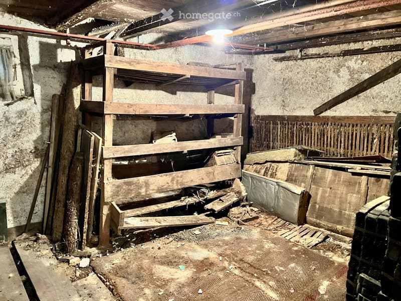 Empty basement with exposed wooden beams, concrete walls, and scattered debris. No furniture or equipment present.