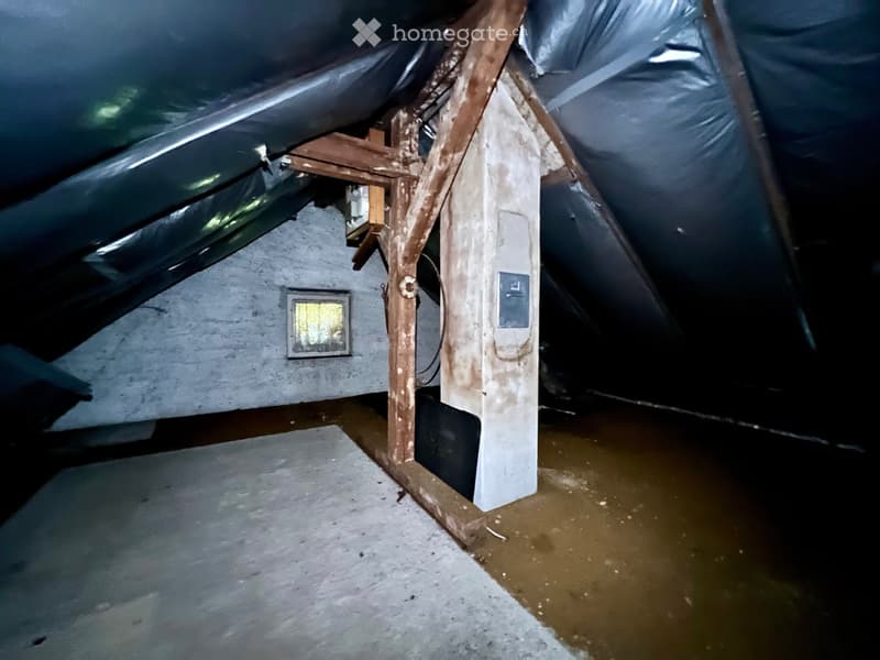 An unfinished basement space with a concrete floor, exposed wooden support beams, a water pump, and a small window. The floor shows signs of water damage with a wet, discolored area.