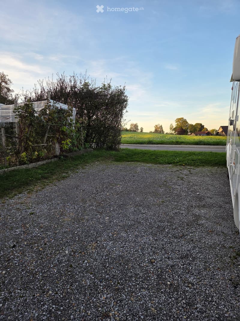 Gravel driveway leading to a rural area with greenery and a road in the background.
