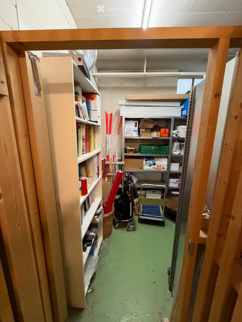 A narrow hallway with green flooring, wooden walls, and shelves on the left side holding books, boxes, and cleaning supplies. A small cart and a fan are visible in the center.