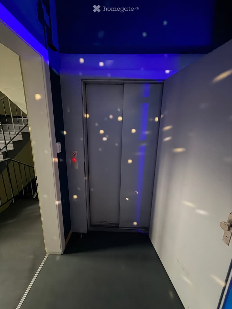 Modern hallway with sleek white walls, dark grey carpeted floor, and a closed elevator door with blue lighting accents. The ceiling features recessed lighting and a blue accent strip.