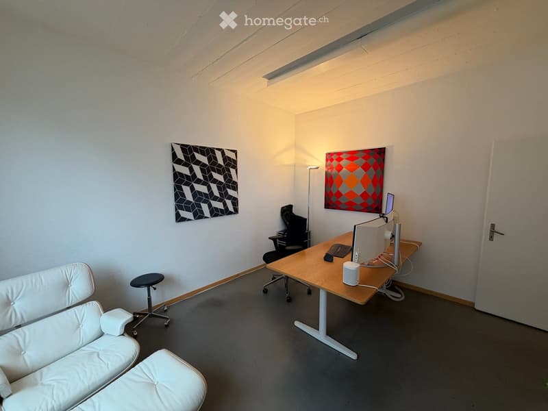 Modern, minimalist room with white walls, grey carpet, and contemporary furniture including a white sofa, a small black stool, a desk with a computer setup, and two art pieces on the walls.
