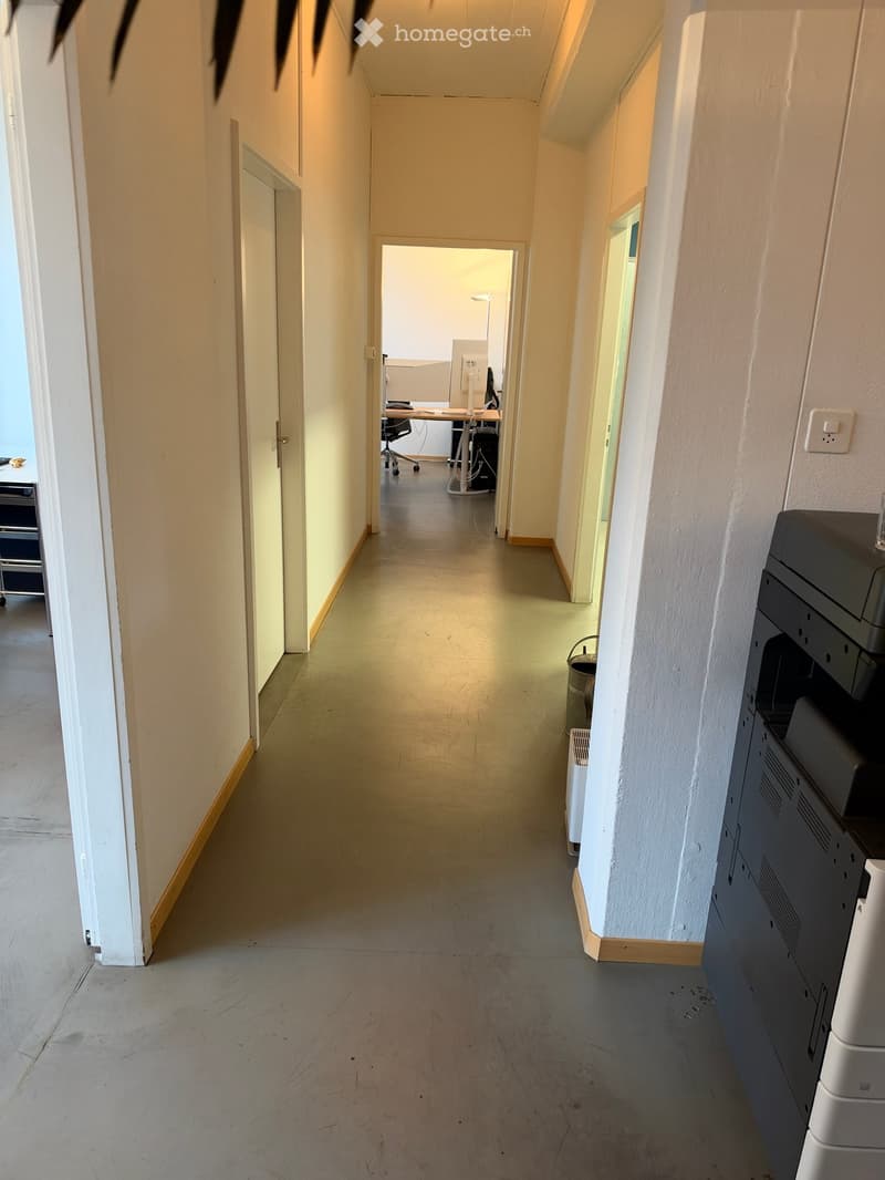 A long, narrow hallway with light-colored walls and a smooth, light-colored floor. The hallway has several doors on both sides, leading to different rooms. There is a printer on a stand to the right, and a glimpse of an office area at the end of the hallw