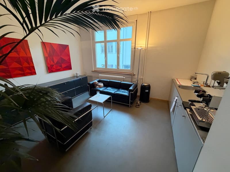 Modern living room with a black leather sofa, a coffee table, a cabinet, a coffee machine, and a sink area. The room features large windows, a radiator, and a plant in the corner.