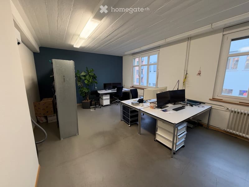 Office space with desks, chairs, computer monitors, keyboards, a potted plant, and a cabinet.
