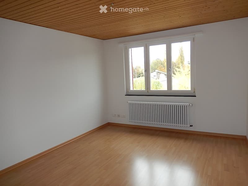 Empty room with wooden flooring, white walls, large window, and radiator.