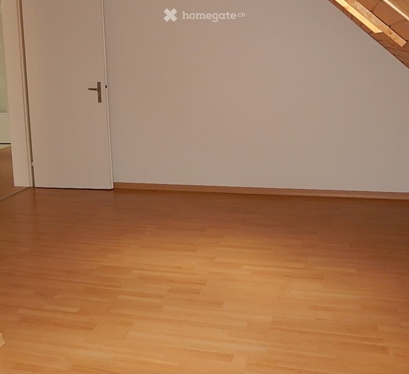 Empty room with wooden flooring and white walls, featuring a white door and a slanted ceiling with visible beams.