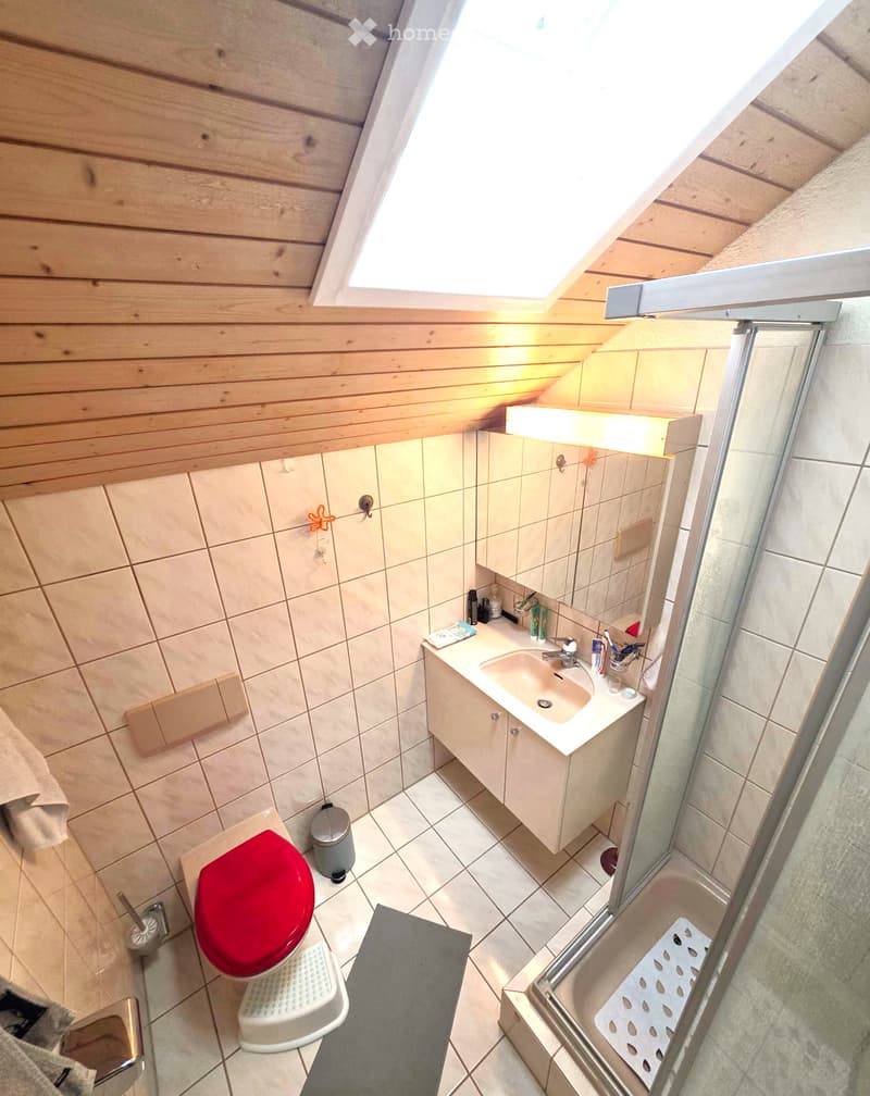 Cozy bathroom with wooden ceiling, skylight, tiled walls, and a red toilet seat. Includes a sink with a mirror, a shower, and a towel on the wall.