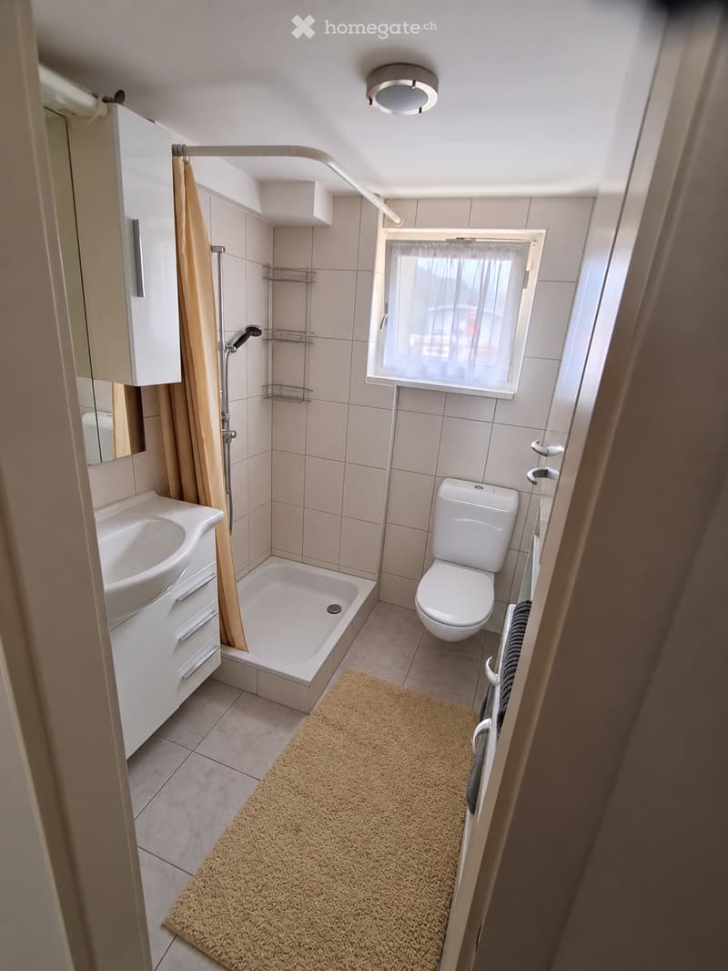 A compact bathroom with a white toilet, sink, bathtub, and a small window with a shower curtain. Includes a mirror, towel rack, and a beige bathroom rug.
