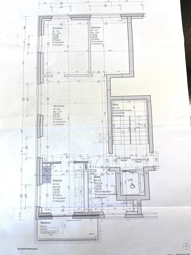 Floor plan of a residential unit showing living room, kitchen, bedroom, bathroom, balcony, and technical room.