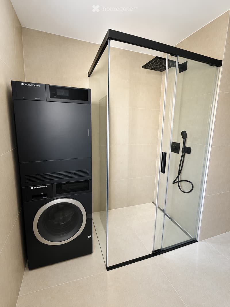 Modern bathroom with a built-in washing machine and a glass-enclosed shower area.