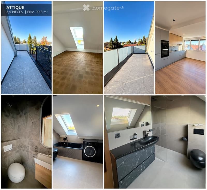 A collage of six images showcasing a modern 3.5-room apartment with a balcony, kitchen, bathroom, and living space. The apartment features contemporary design elements, large windows, and a skylight in the living area.