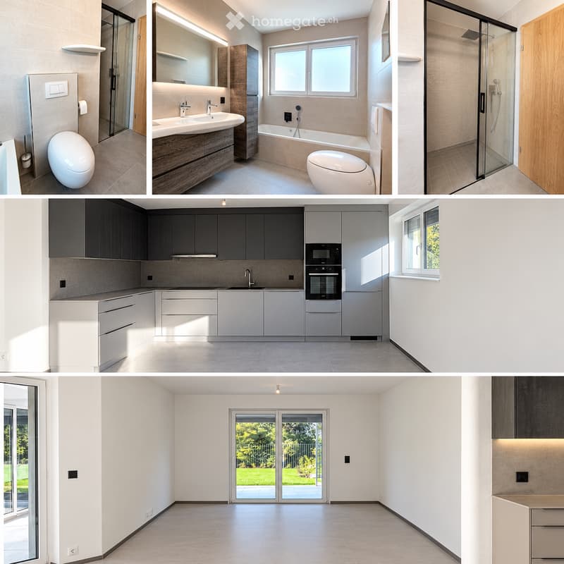Modern bathroom and kitchen with sleek fixtures, large windows, and contemporary design elements.