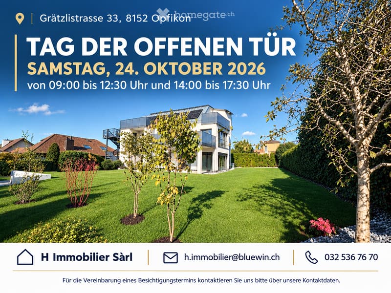 Promotional image for an open house event at Grätzlistrasse 33, 8152 Opfikon, featuring a modern house with a balcony, solar panels, and a well-maintained garden with trees and shrubs.
