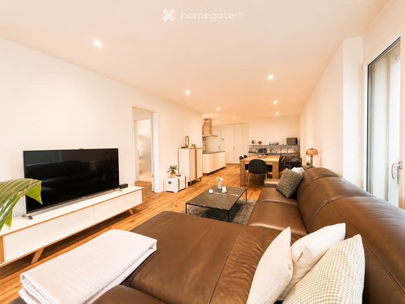 Modern living room with a brown leather sofa, coffee table, TV stand, dining area with chairs and table, and a small kitchen area with cabinets and appliances.