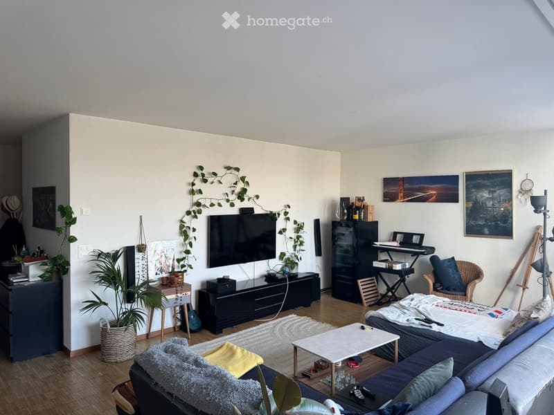 Modern living room with a grey sectional sofa, coffee table, TV mounted on the wall, piano, and decorative plants.