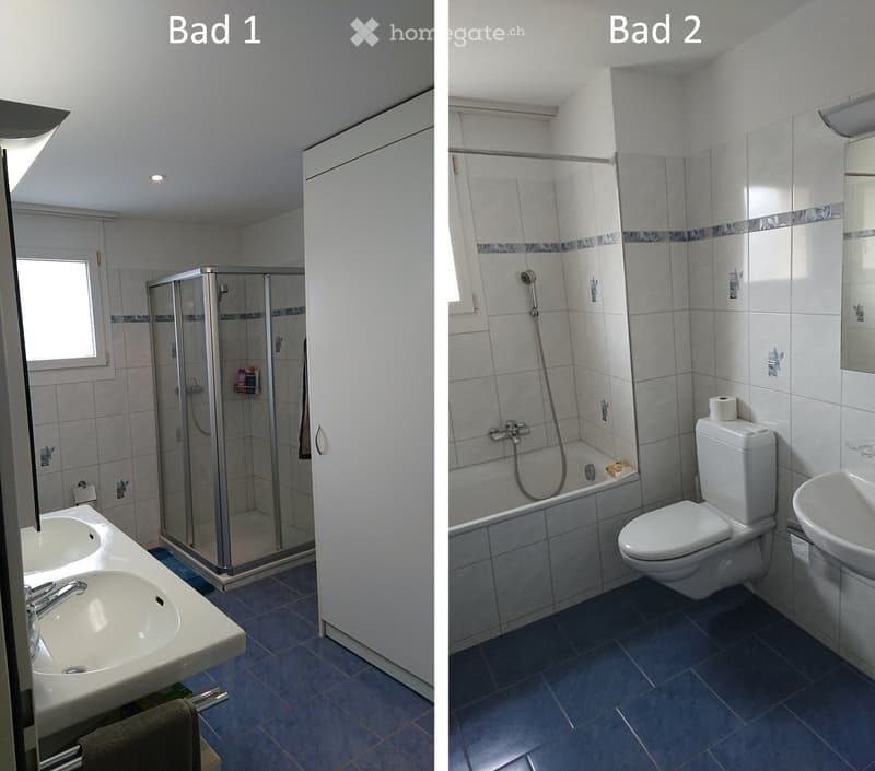 Two bathrooms: one with a shower and double sink, the other with a bathtub, toilet, and sink.