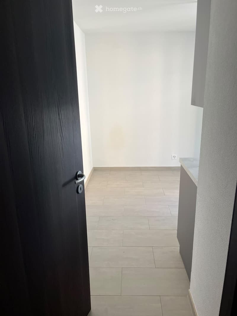 Empty hallway with tiled floor, white walls, and a dark wooden door on the left side.