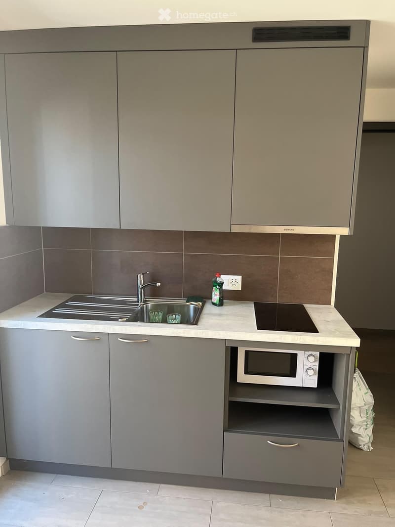 Modern kitchen with grey cabinets, a sink, microwave, and countertop items including a bottle and cups.