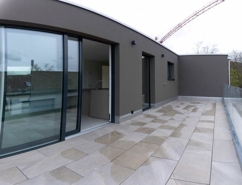 Modern rooftop terrace with large glass sliding doors, tiled floor, and a small kitchen area visible through the opening.