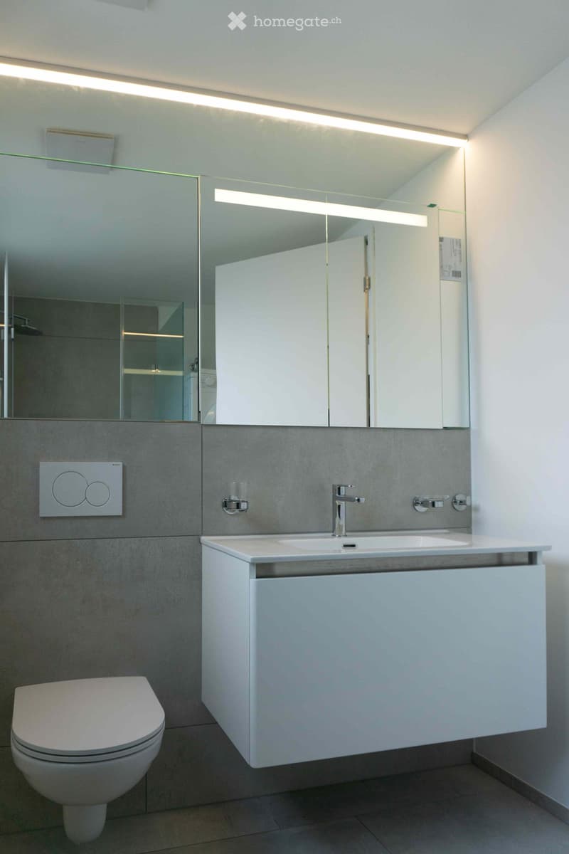 Modern bathroom with a white sink, chrome faucet, large mirror with built-in lighting, and a toilet. Grey tiled walls and a sleek cabinet.