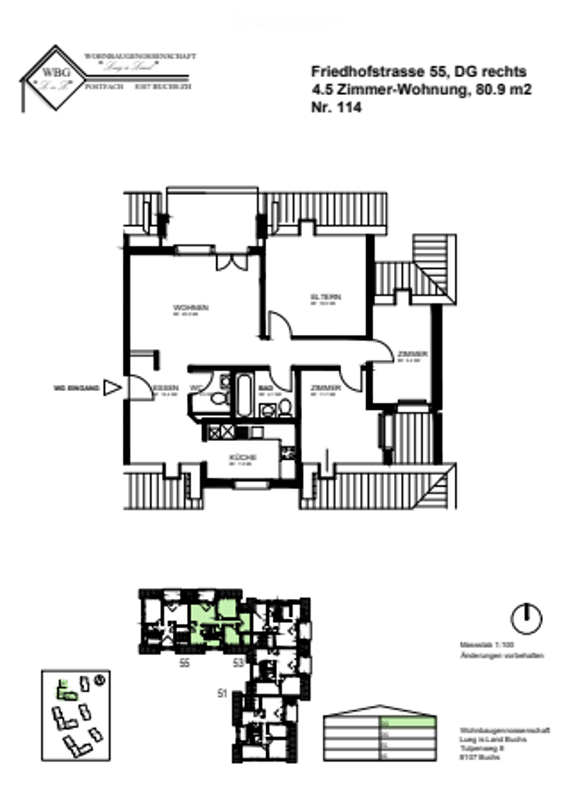 Floor plan of a 4.5-room apartment with 80.9 m², including living room, kitchen, 2 bedrooms, 2 bathrooms, and hallway.