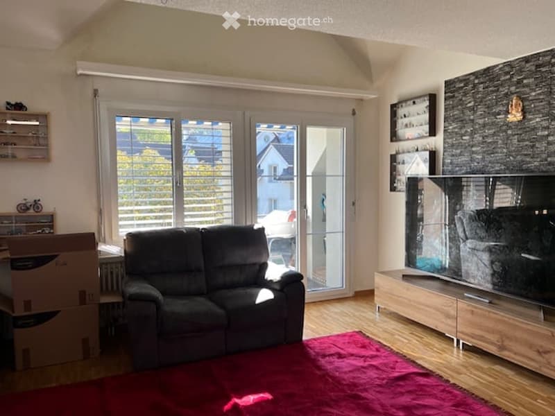 Living room with large windows, dark grey sofa, coffee table, flat-screen TV on wooden stand, red area rug, and wooden flooring.