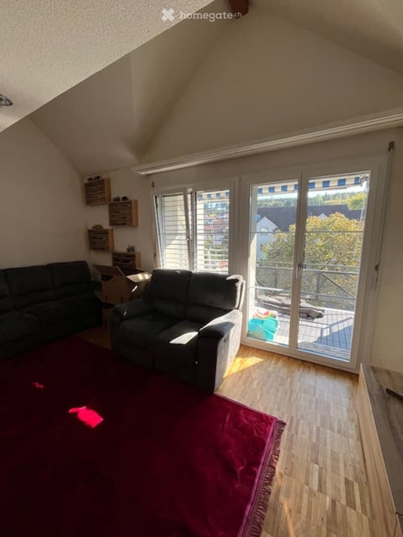 Modern living room with wooden flooring, large windows, and a balcony. Features a dark grey sofa, coffee table, and a red area rug.