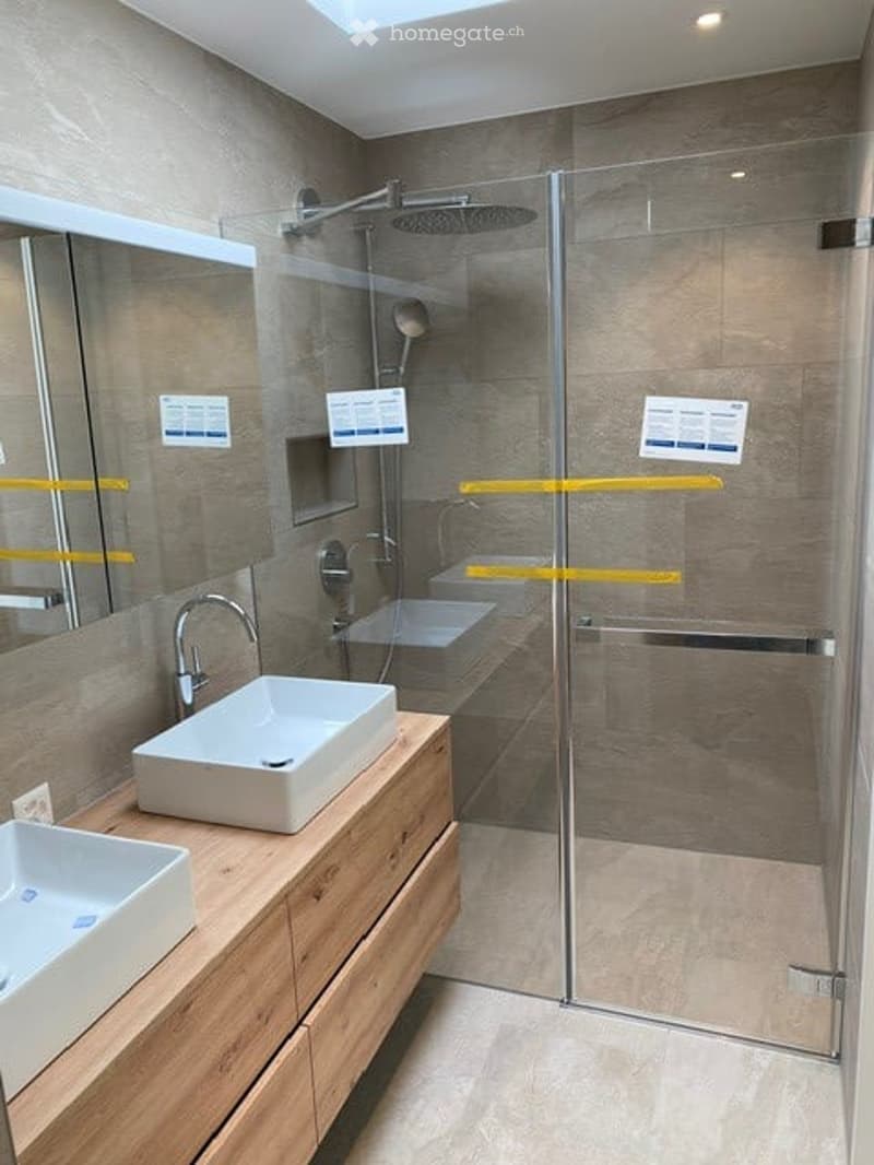 modern bathroom with a walk-in shower, two sinks on a wooden vanity, and a large mirror