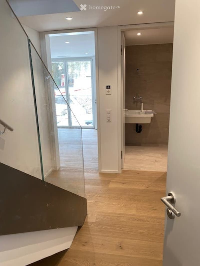 wooden floor, glass staircase railing, double doors, sink in right corner