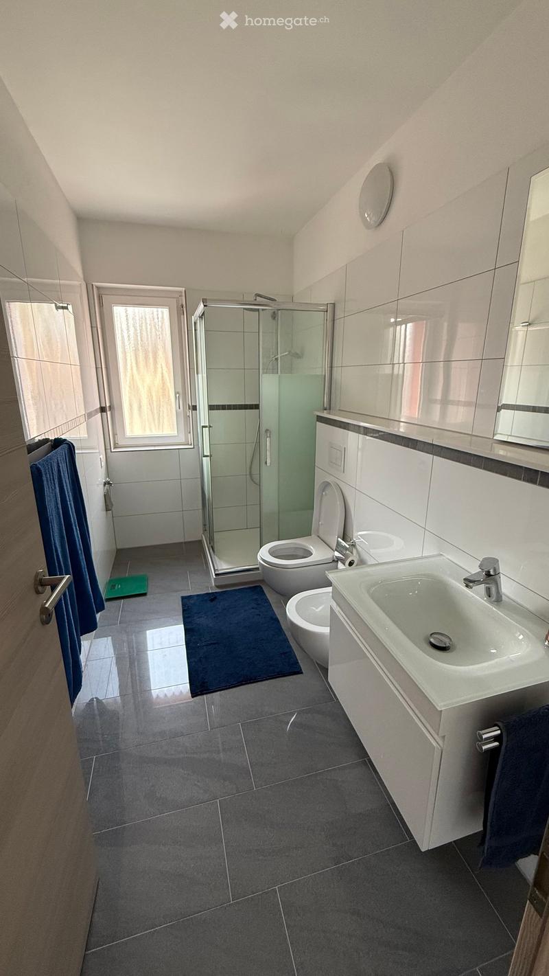 Modern bathroom with grey tiles, white fixtures, a glass-enclosed shower, a toilet, a sink, and a mirror. Blue towels are placed on the floor and a small green mat is near the shower.