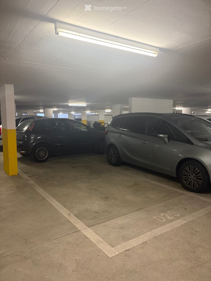 Underground parking area with two parked cars, concrete floor, fluorescent lighting, and support pillars.