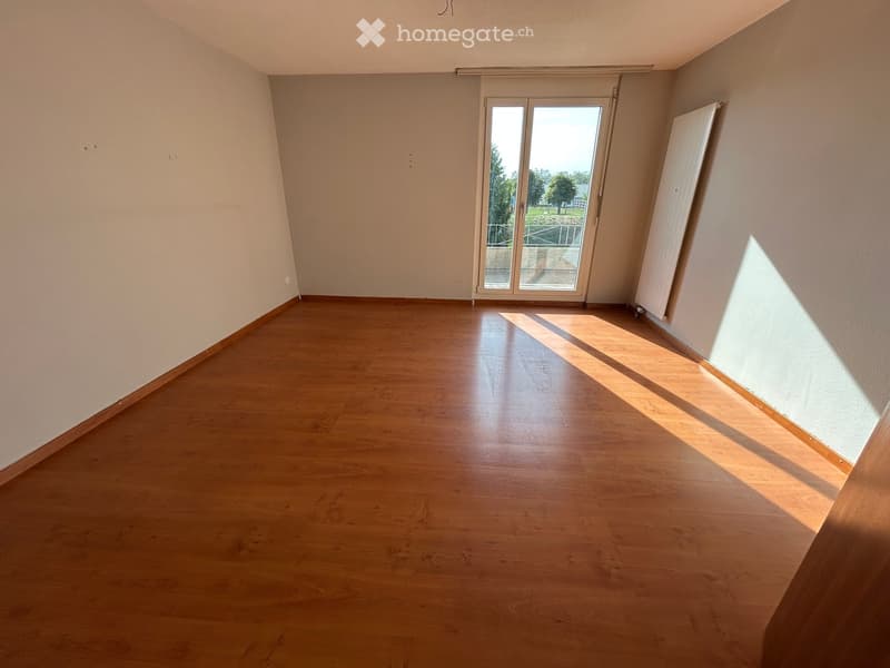 Empty room with wooden flooring, white walls, and a large sliding glass door leading to an outdoor area.