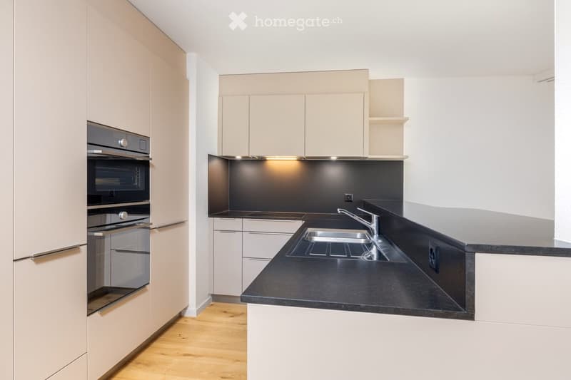 Modern kitchen with light-colored cabinets, black countertops, a stainless steel sink, and built-in oven.