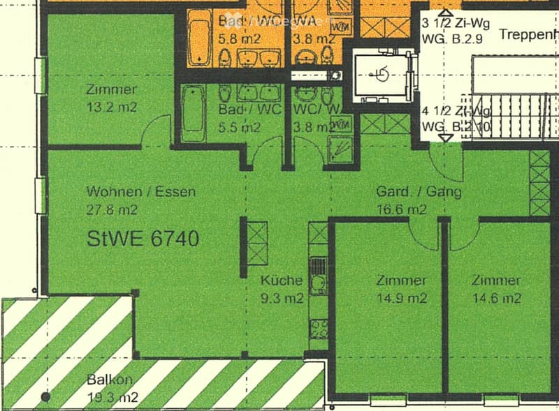 Floor plan showing a 3.5-room apartment with living/dining area, kitchen, three bedrooms, two bathrooms, hallway, and balcony.