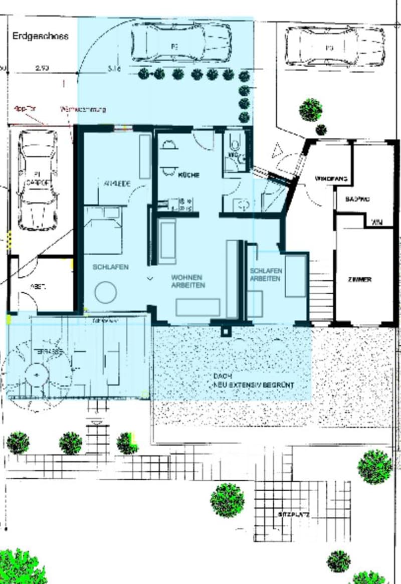 Floor Plan. Ground floor floor plan showing living room, kitchen, bedrooms, bathrooms, and outdoor areas including a patio and parking spaces.