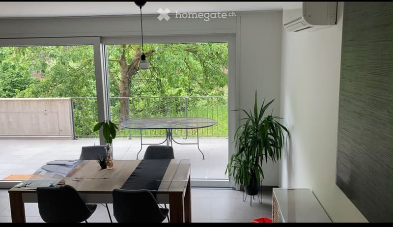 Bright dining area with a wooden table, four chairs, a hanging balloon lamp, and a potted plant. Large sliding glass doors open to a balcony with outdoor furniture and a view of greenery.