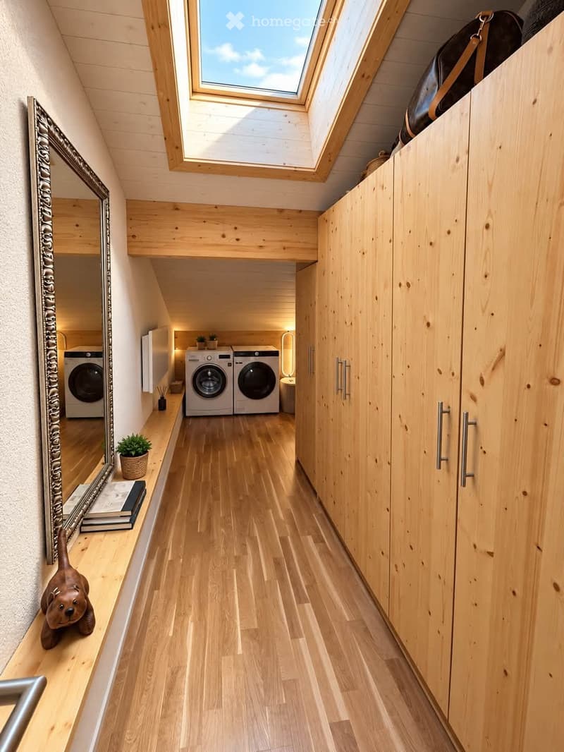 A narrow hallway with wooden flooring, built-in wooden cabinets, and skylight windows at the top. Features include a small shelf with a potted plant, a mirror, and a decorative animal figurine.
