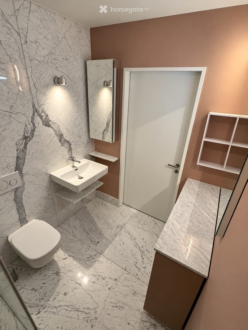 Modern bathroom with marble walls and floors, a white toilet, a floating sink with a modern faucet, a mirrored cabinet, and built-in shelving.