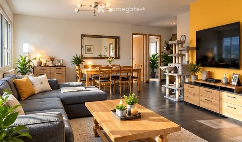 Bright, open-plan living and dining area with modern furniture, including a grey sectional sofa, wooden coffee table, dining table with chairs, and a cat tree. The space features large windows, warm lighting, and decorative plants.
